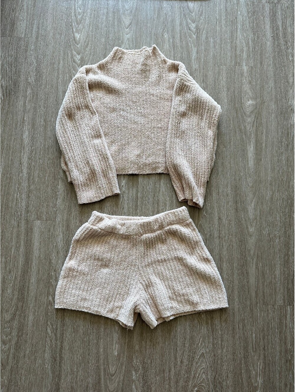 Women's blush knit sweater and shorts loungewear set